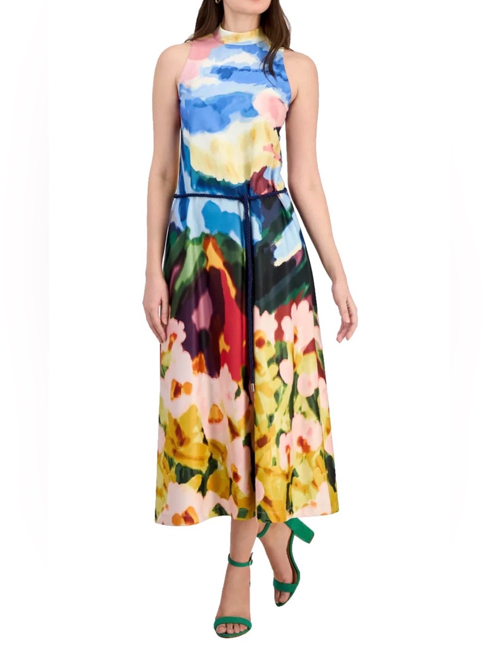 New M Anne Klein Multicolor Floral Watercolor Midi Dress Blue, Yellow, Pink belt